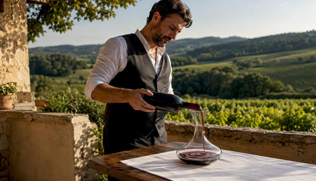 Sommelier decanting aged Bordeaux in wine cellar
