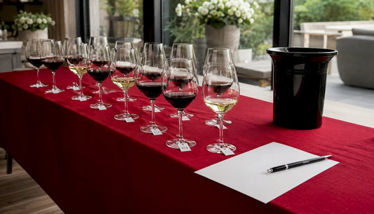 Blind wine tasting setup with glasses and numbered labels