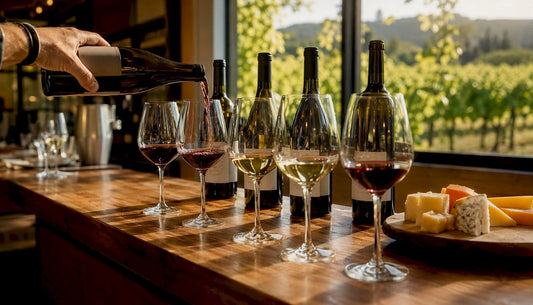 Wine flight with pouring wine in glasses