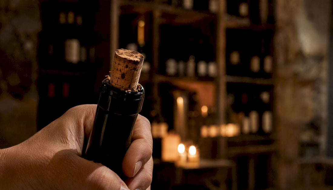 Hand holding uncorked wine bottle showing cork close-up