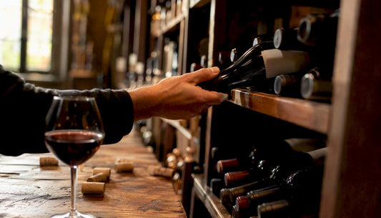 Hand choosing wine near countdown and glass