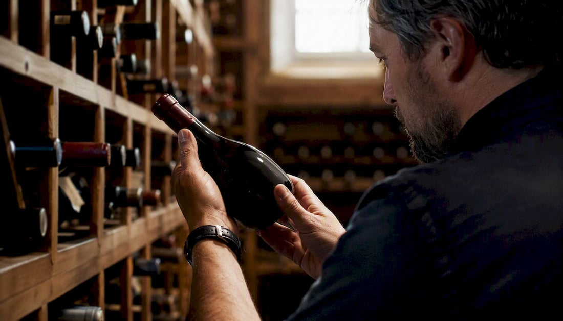 Hands inspecting wine bottle neck in cellar