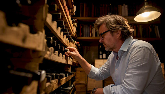 Collector’s hand adjusting rare wine bottle in cellar