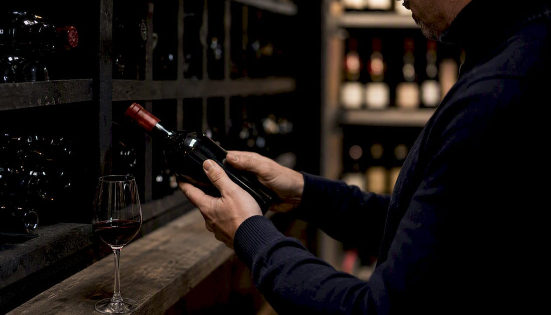 Hands selecting a wine bottle in cellar