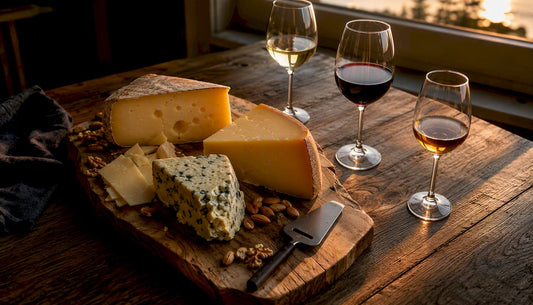 Assortment of aged cheeses with varietal wines