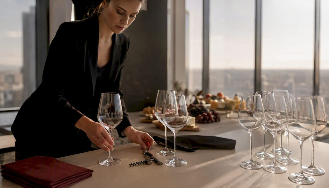 Event planner setting wine glasses on catering table