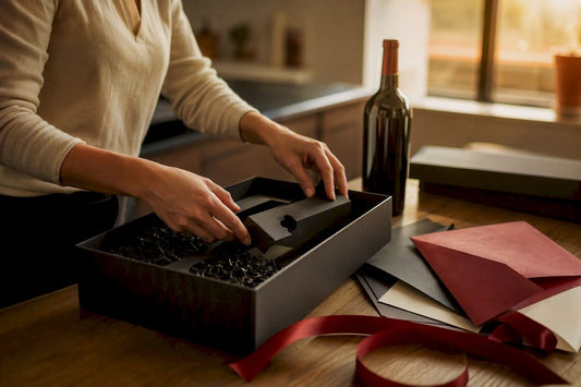 Hands assembling a premium wine gift box