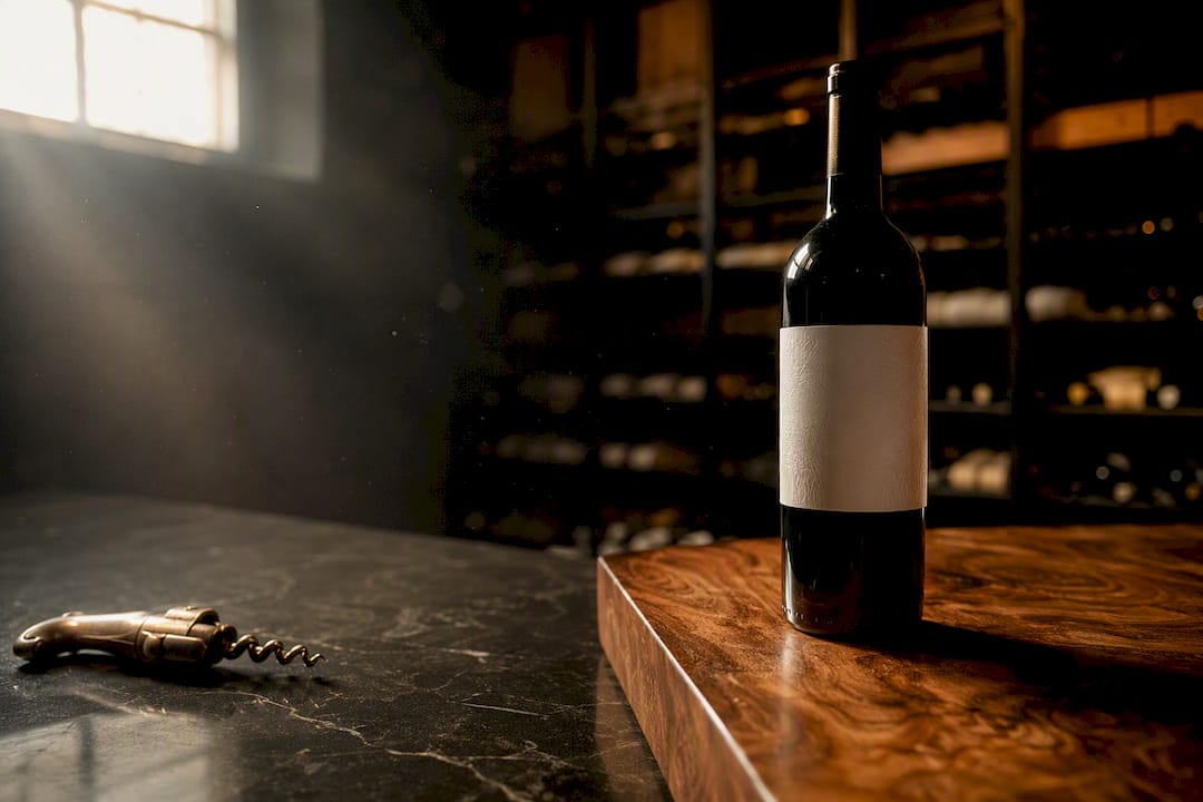 Wine bottle resting after shipping with corkscrew and torch
