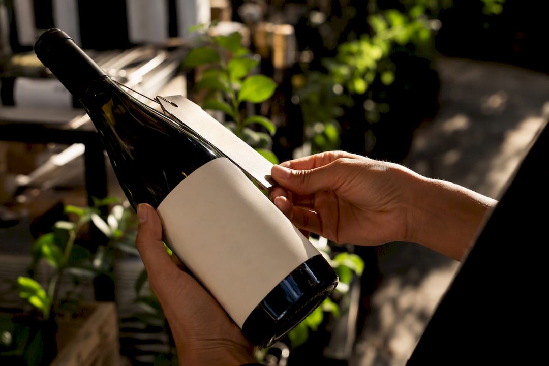 Hands inspecting wine label and price