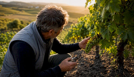 Winemaker inspecting grapes in vineyard parcel
