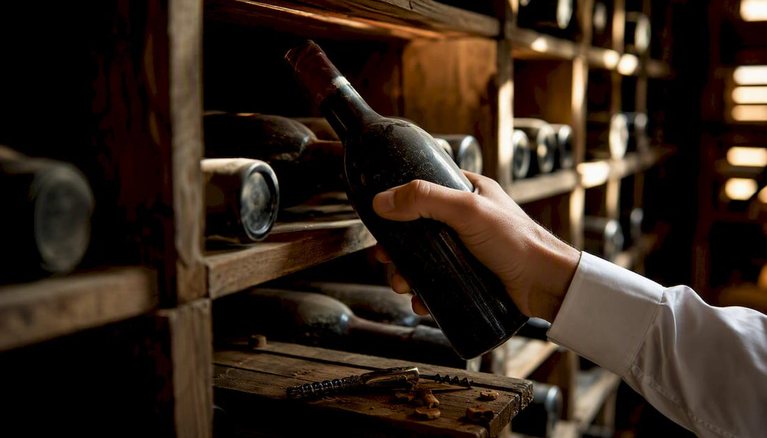 Hands lifting vintage wine bottle in cellar