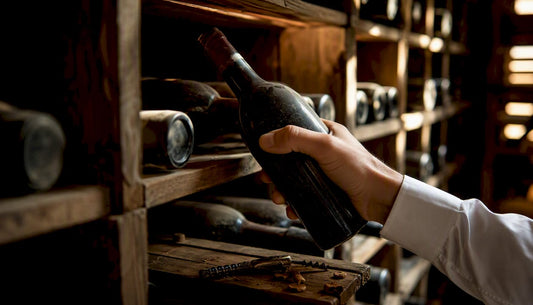 Hands lifting vintage wine bottle in cellar