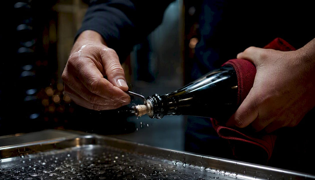 Hands performing Champagne disgorgement