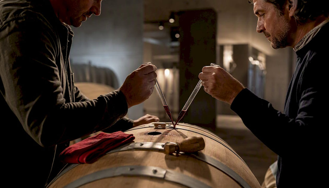 Two winemakers sampling a shared barrel