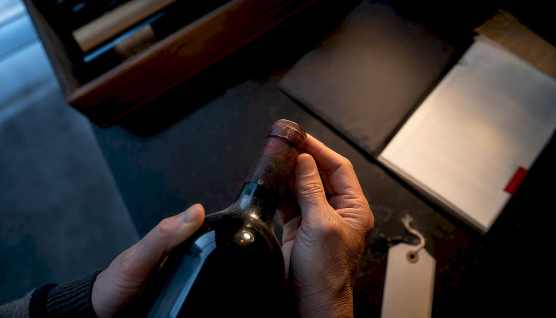 Collector examining wine bottle provenance evidence