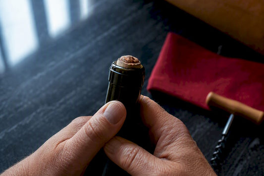 Raised cork above anonymous wine bottle neck
