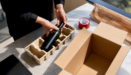 Hands securing wine bottle for interstate shipping