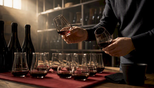 Anonymous wine bottles and samples in cellar